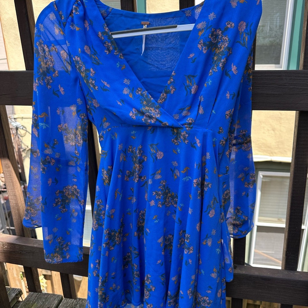 Free People Blue Floral Dress With Tie Waist Detail